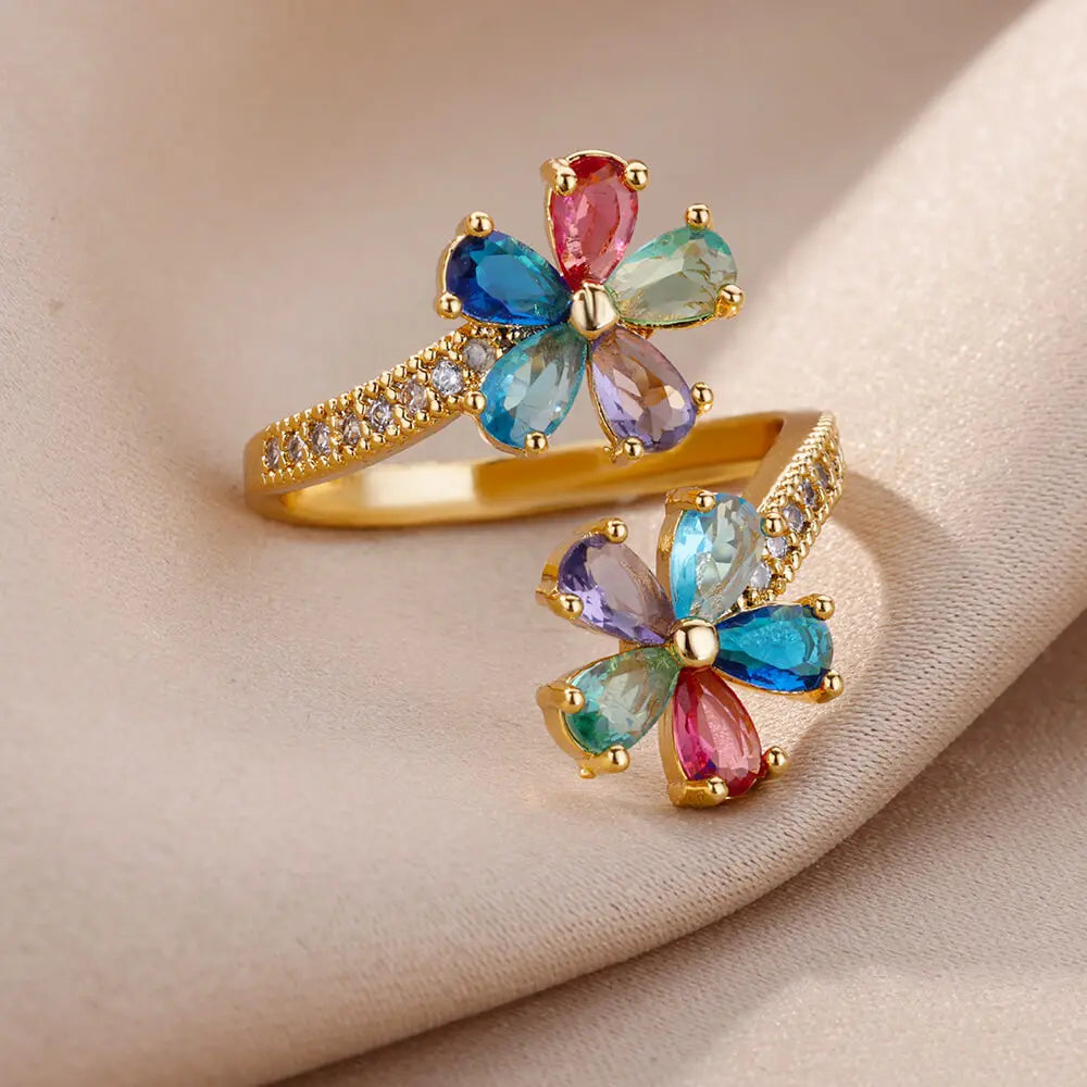Bague Anneau Fleurs Colorées en Zircon or