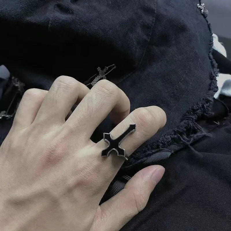 ブラック＆シルバー メンズ クロス リング
