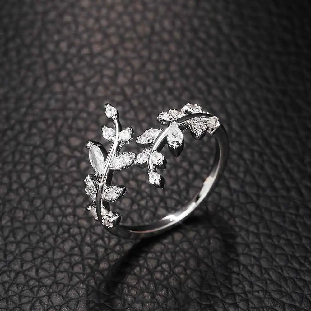 Bague Feuille de Laurier en Zircon Automnale argent