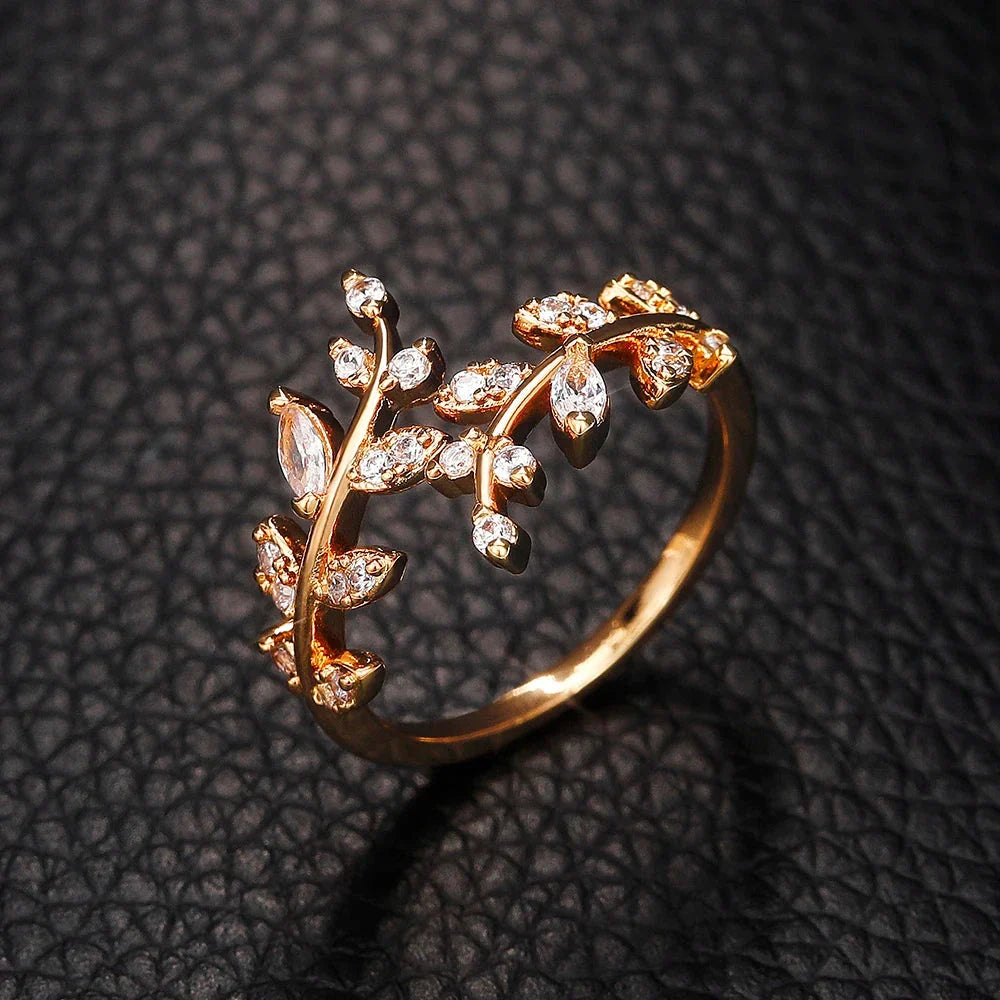 Bague Feuille de Laurier en Zircon Automnale or