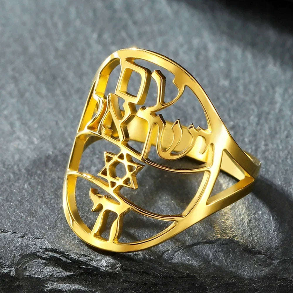 Bague symbolique juive avec gravure en hébreu étoile de David et Haï Chai or