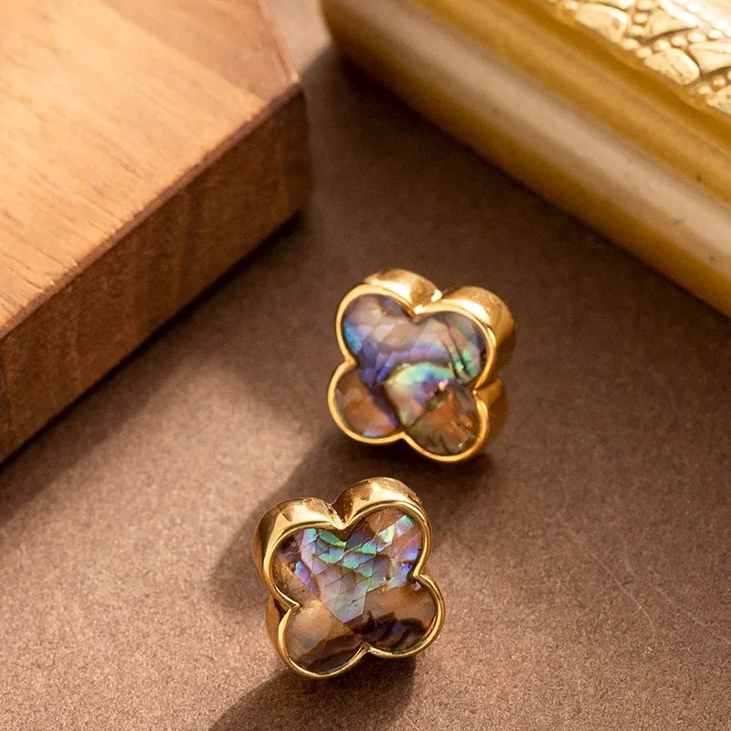 Boucles d'Oreilles Clou avec Trèfle à 4 Feuilles en Pierre Naturelle
