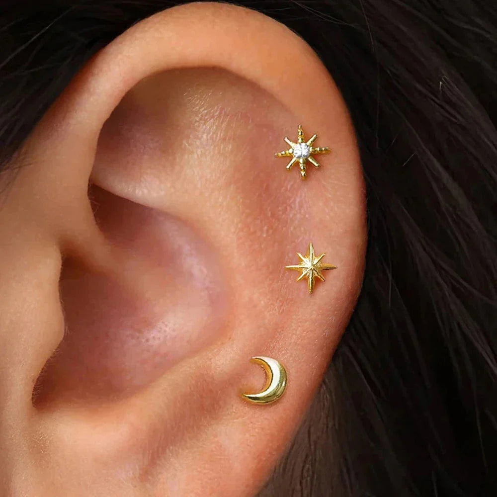 Boucles d'Oreilles Clou Croissant de Lune et Etoiles or