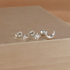Boucles d'Oreilles Clou Croissant de Lune et Etoiles argent