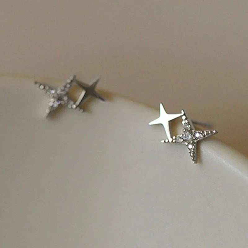 Boucles d'Oreilles Clou Doubles Etoiles et Zircon argent