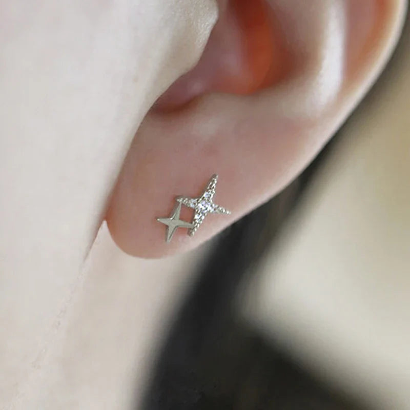 Boucles d'Oreilles Clou Doubles Etoiles et Zircon argent