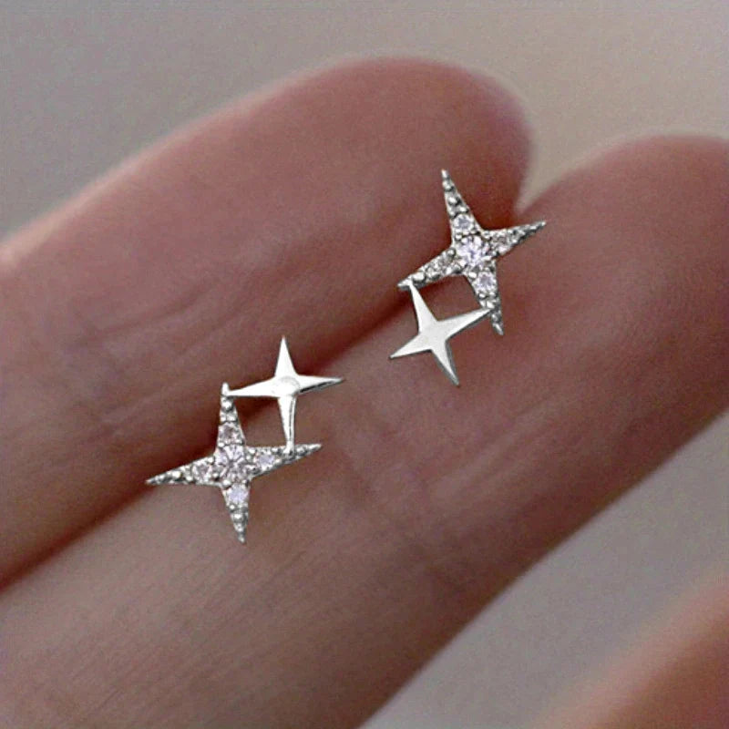 Boucles d'Oreilles Clou Doubles Etoiles et Zircon argent