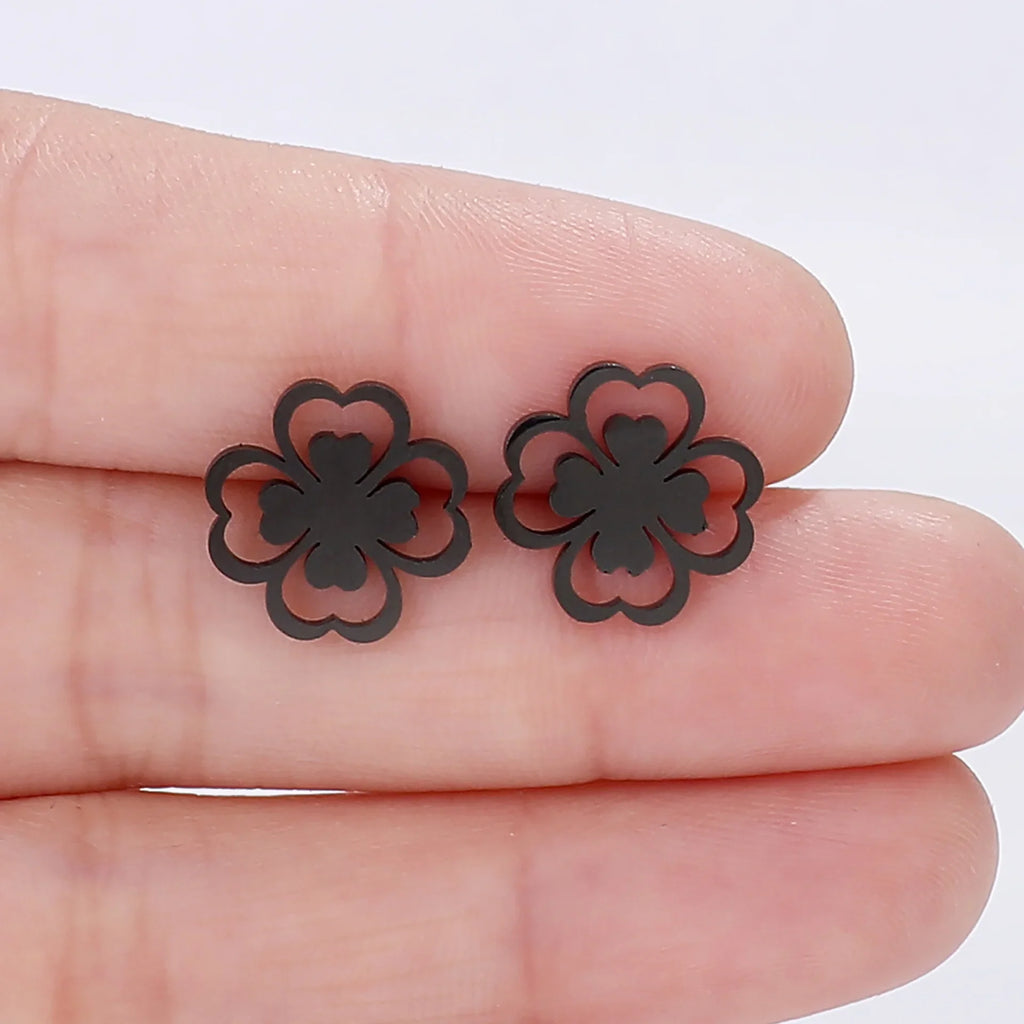Boucles d'Oreilles Clou en Feuille de Trèfle à 4 Feuilles noir