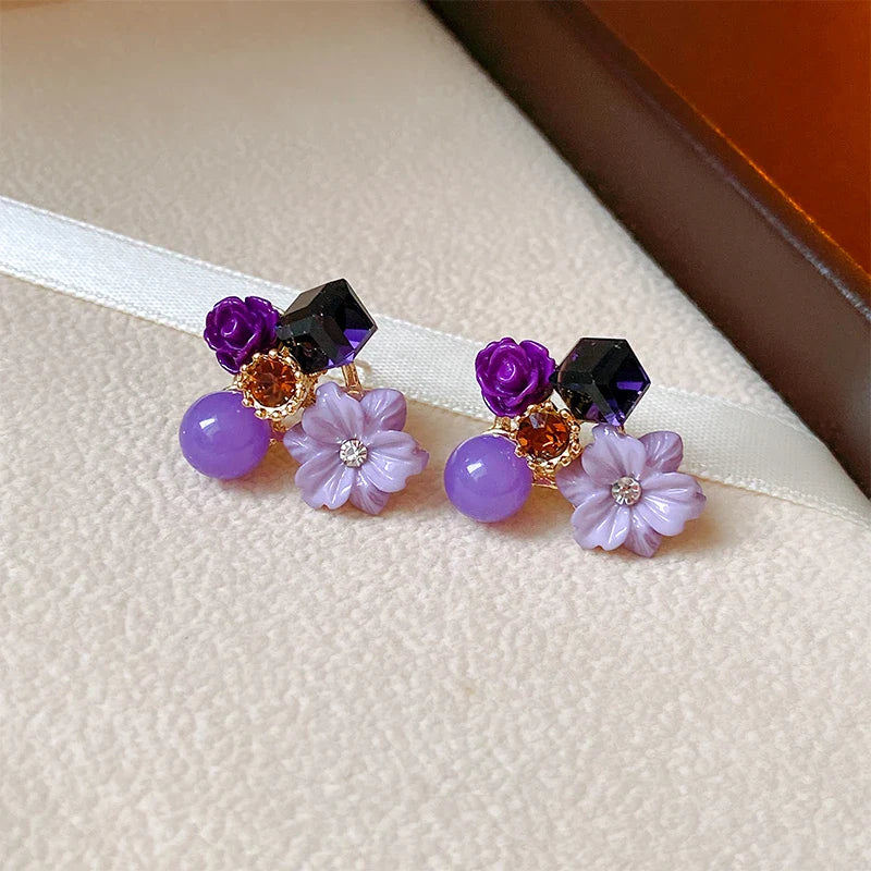 フラワー＆パール スタッドピアス パープル 1