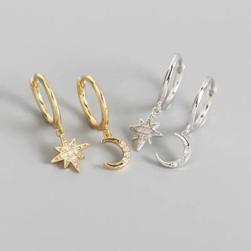 星と月とジルコンのフープピアス（ゴールドカラー）