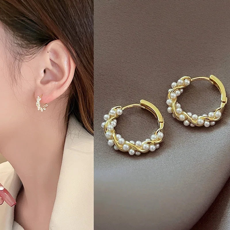 レディース用パール付きフープピアス ゴールド