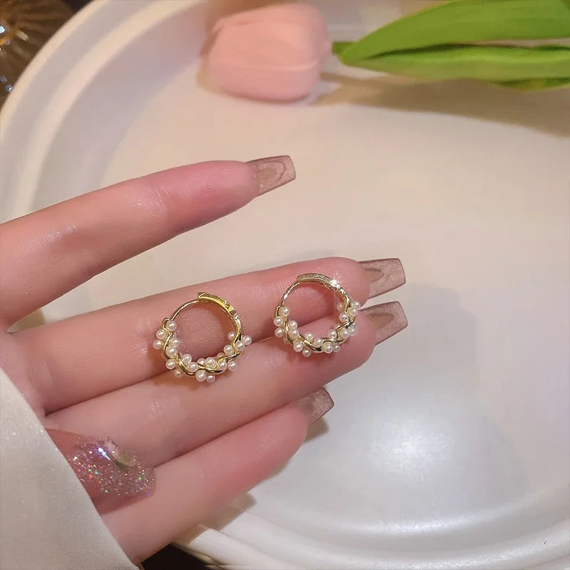 レディース用パール付きフープピアス ゴールド