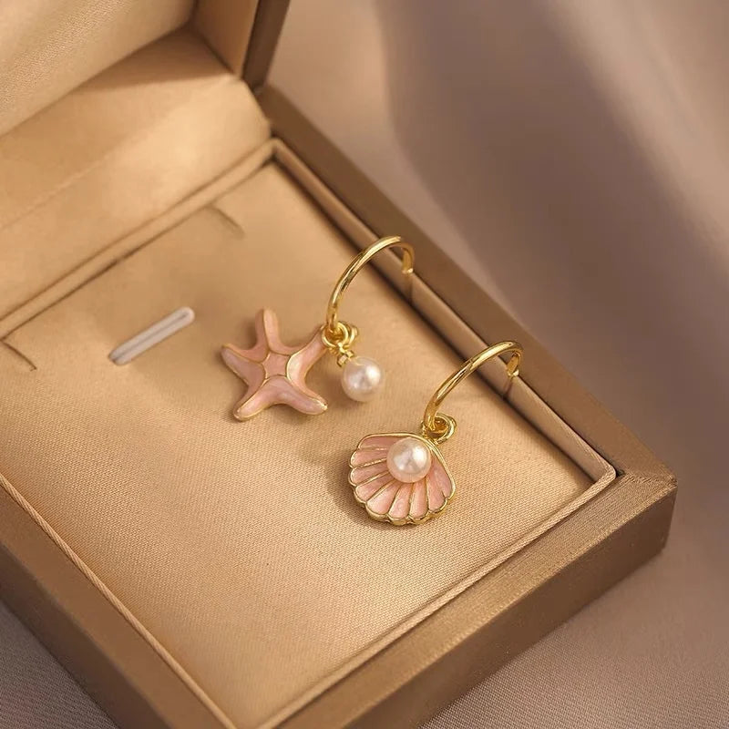 シェルとピンクパールのエナメルピアス