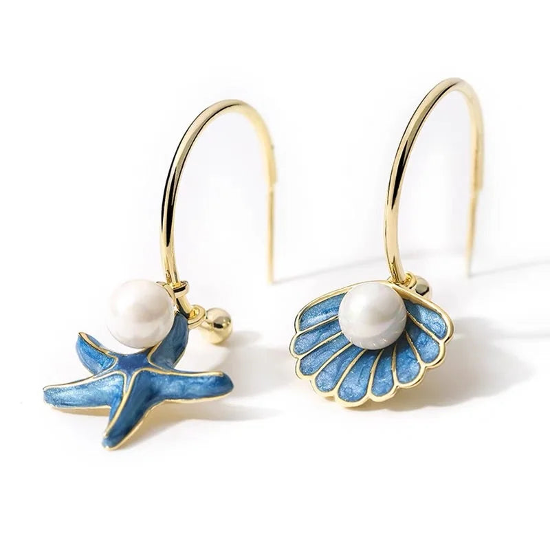 シェルとブルーパールのエナメルピアス