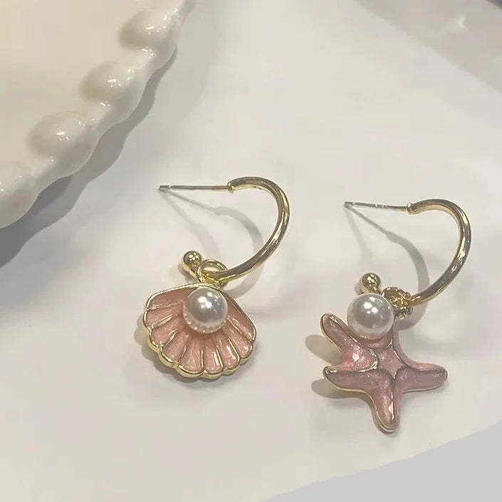 シェルとピンクパールのエナメルピアス
