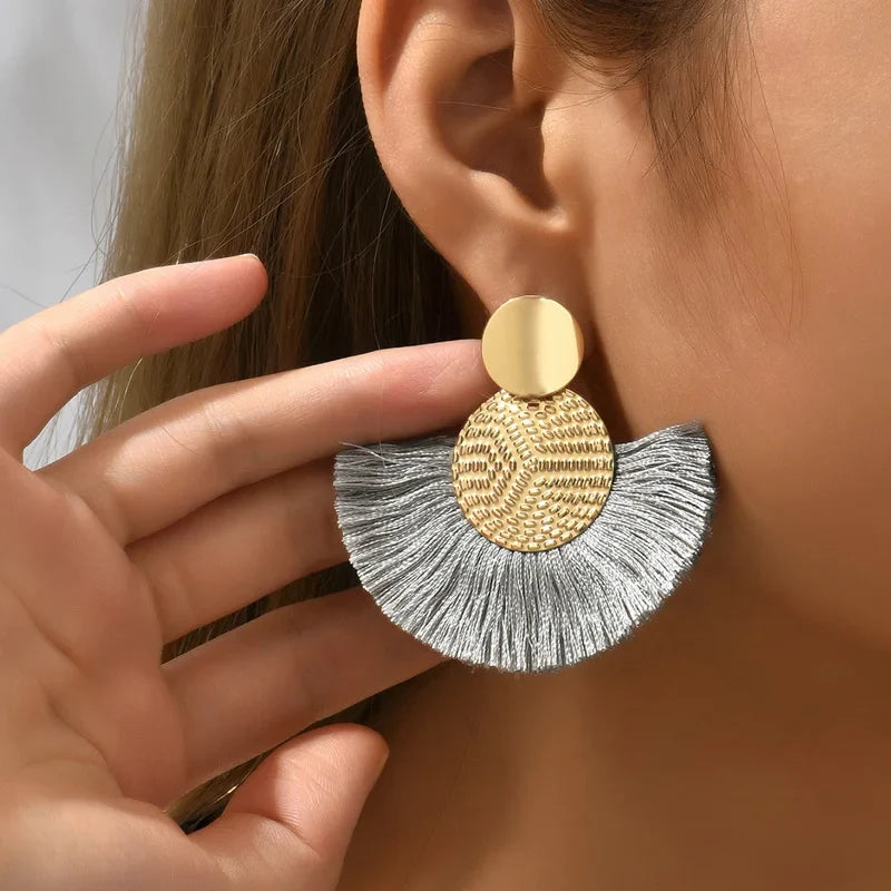 Boucles d'Oreilles Pendantes de Style Bohême en Eventail gris