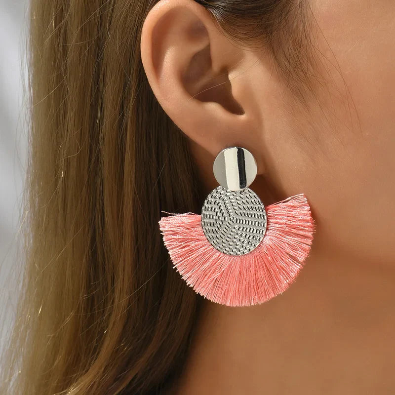 Boucles d'Oreilles Pendantes de Style Bohême en Eventail rose