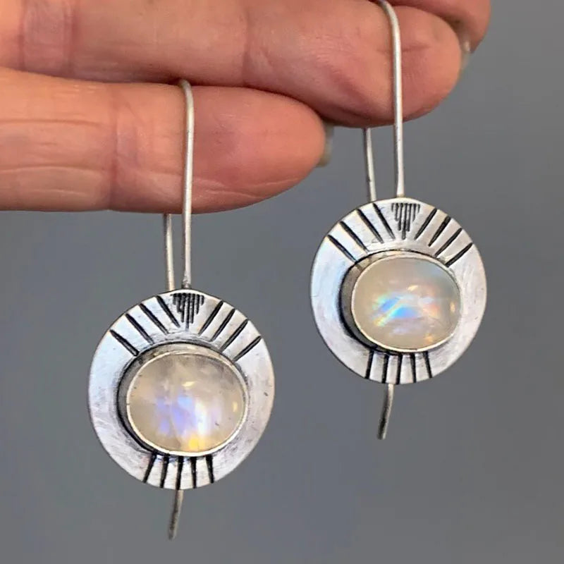 Boucles d'Oreilles Pendantes Ethniques avec Pierre de Lune
