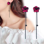 Boucles d'Oreilles Pendantes Fleur Rouge et Chaîne rouge