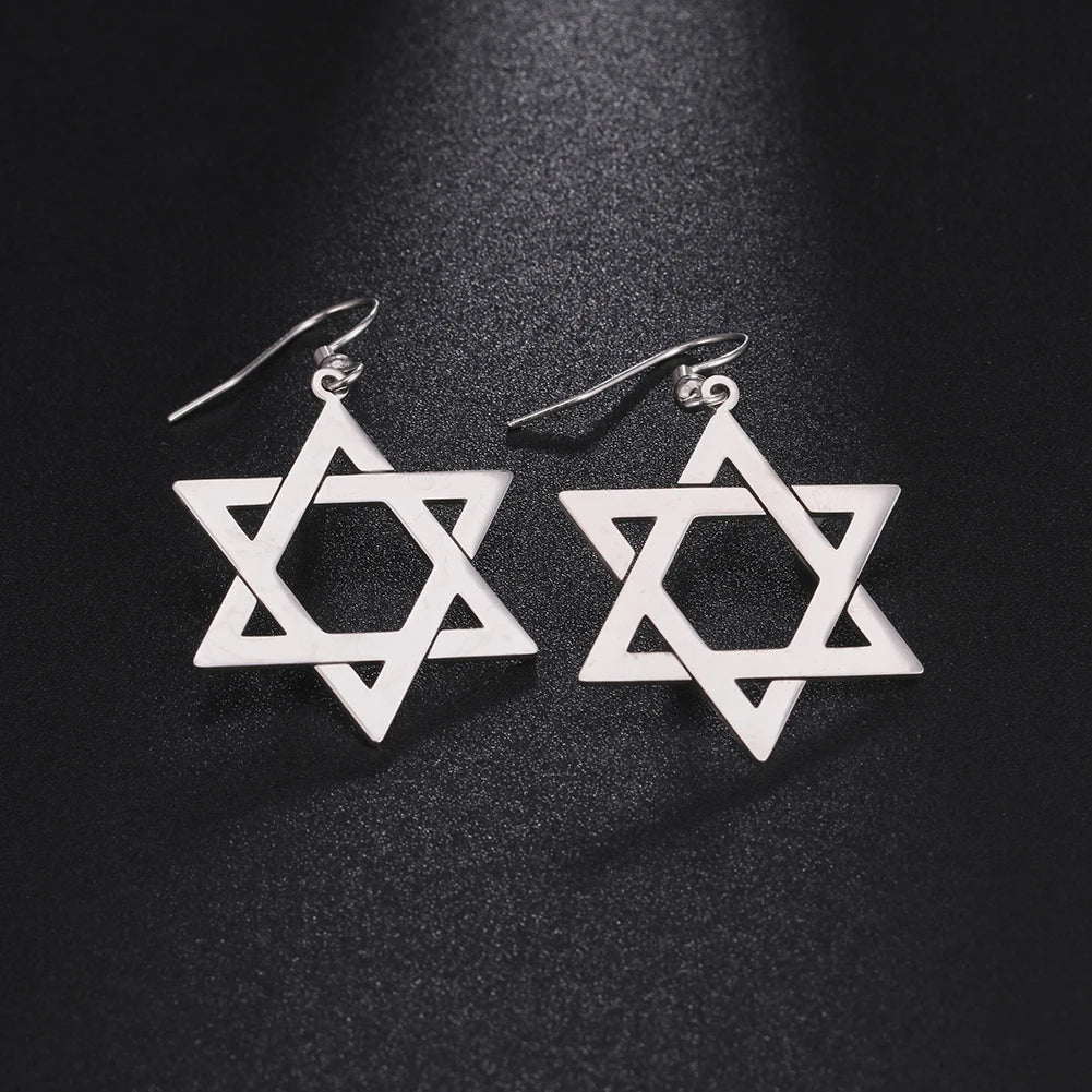 ダビデの星のユダヤのシンボルをあしらった六角形のぶら下がりピアス シルバー