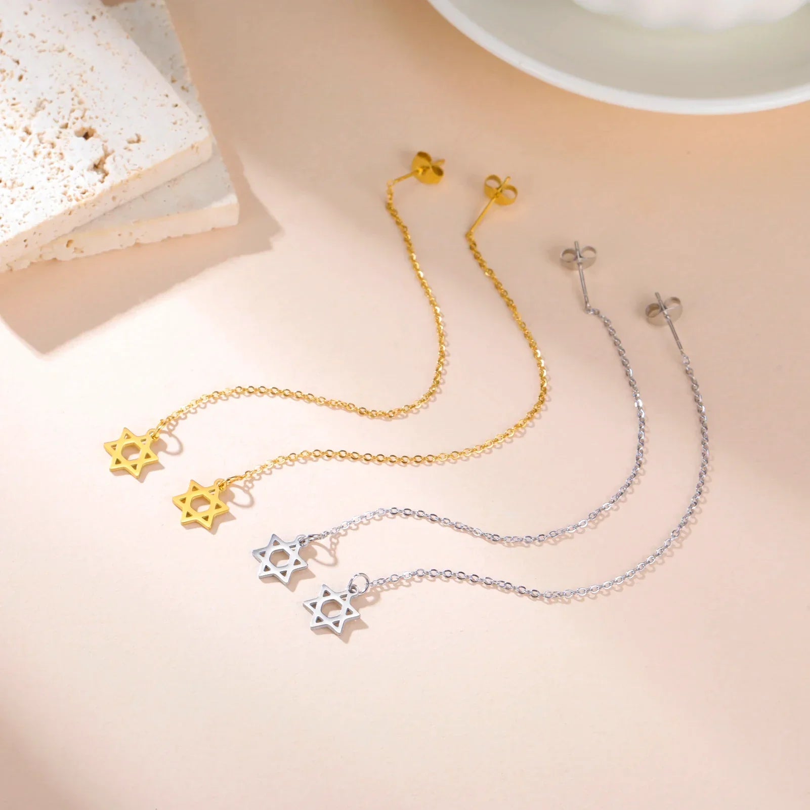 ダビデの星のユダヤ象徴モチーフ ロングドロップピアス ゴールド＆シルバー