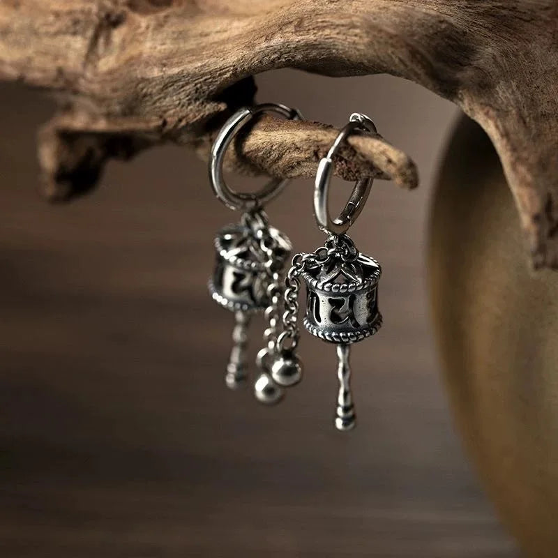 Boucles d'Oreilles Pendantes Roue de Prière bouddhiste