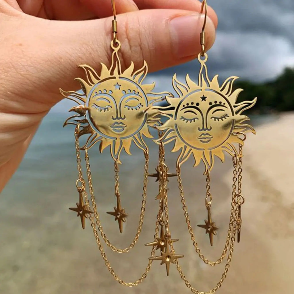 Boucles d'Oreilles Pendantes Soleil et Etoiles