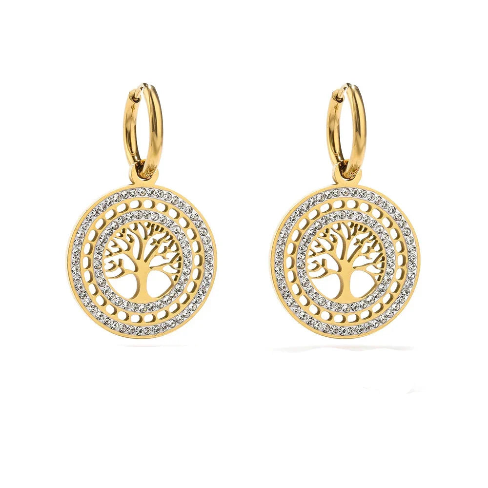 Boucles d'Oreilles Rondes Pendantes Arbre de Vie or