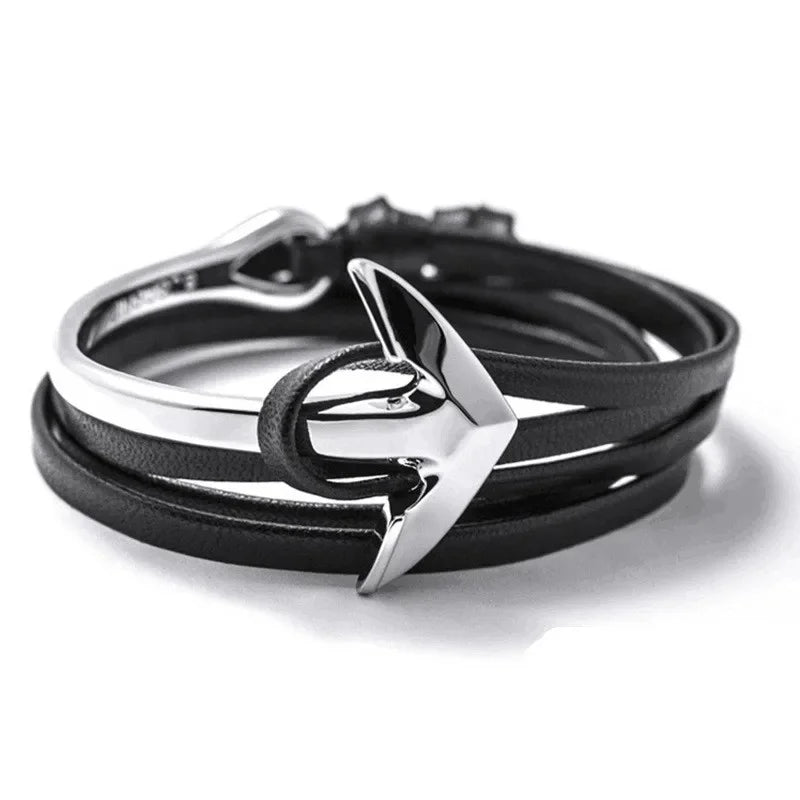 Bracelet large ajustable ancre argent et noir