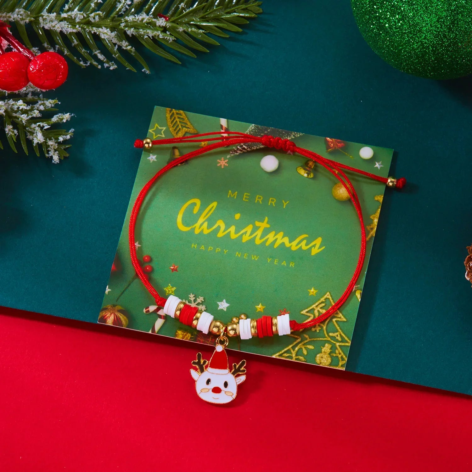 Bracelet en Corde avec Pendentif de Noël renne rouge