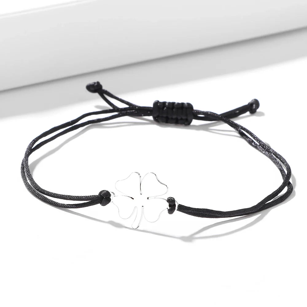 Bracelet en Corde avec Trèfle à 4 Feuilles Porte Bonheur noir et argent