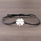 Bracelet en Corde avec Trèfle à 4 Feuilles Porte Bonheur noir et argent
