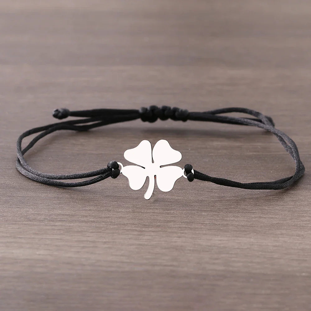 Bracelet en Corde avec Trèfle à 4 Feuilles Porte Bonheur noir et argent