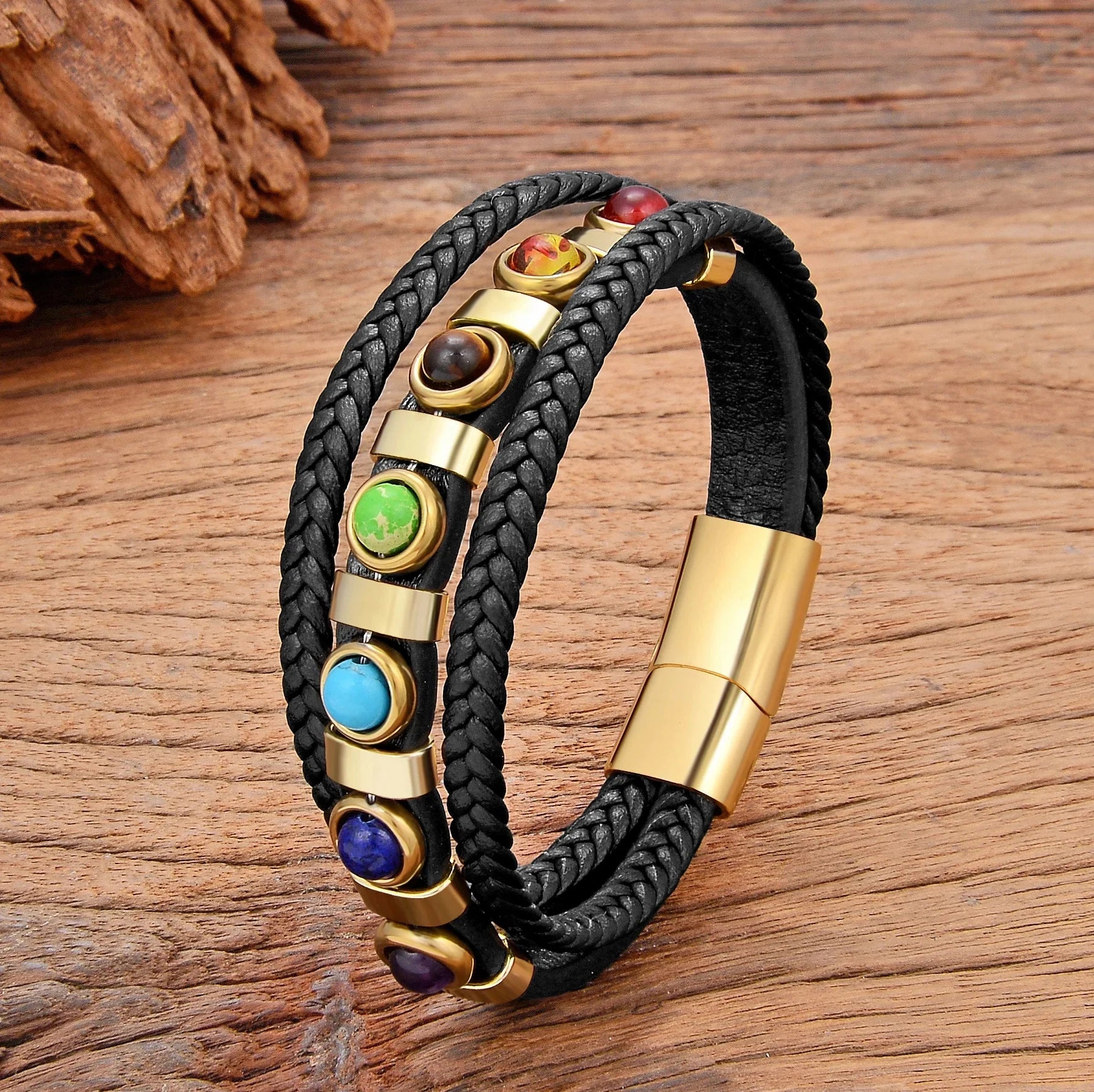 7チャクラ レザーブレスレット メンズ ゴールド