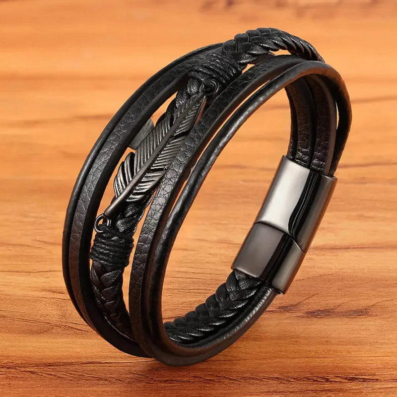 メンズ用ブラックフェザーレザーブレスレット