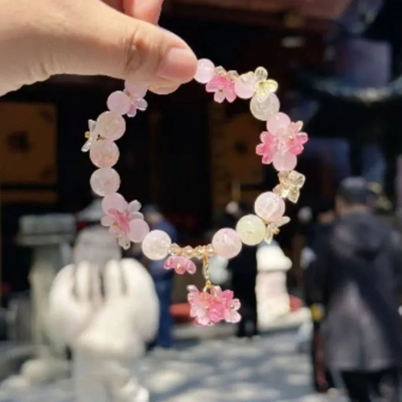 花モチーフ付きパールブレスレット ピンク