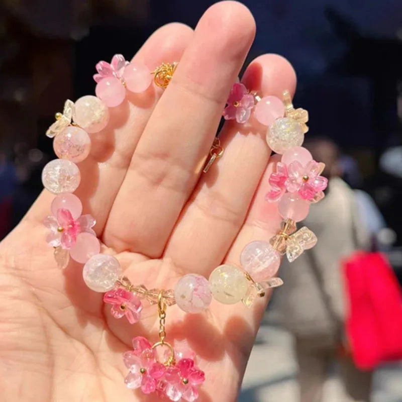 花モチーフ付きパールブレスレット ピンク