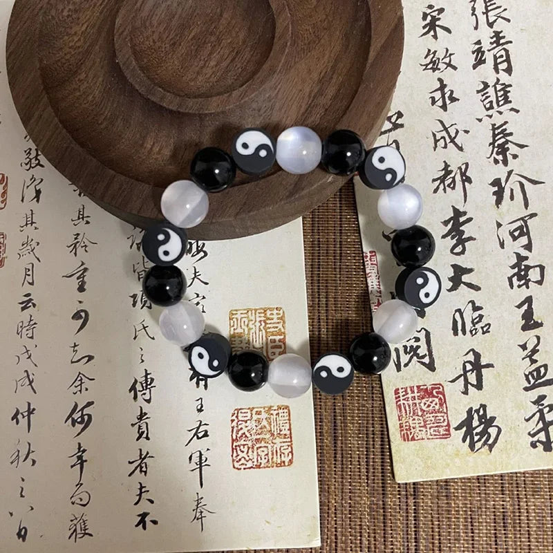 Bracelet en Perles Yin Yang Noir et Blanc