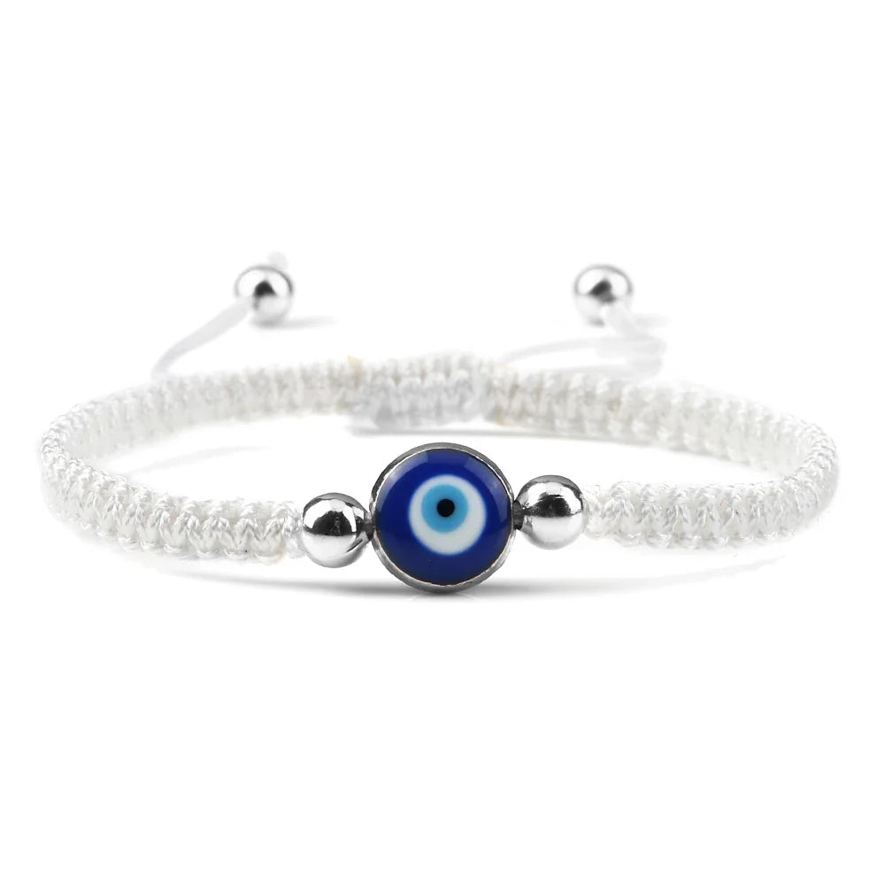 ブルーの邪視除けブレスレット  編み込み  ホワイト＆シルバー