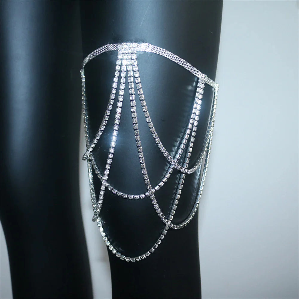 Chaîne de cuisse en strass - bijou de jambe pour femme argent