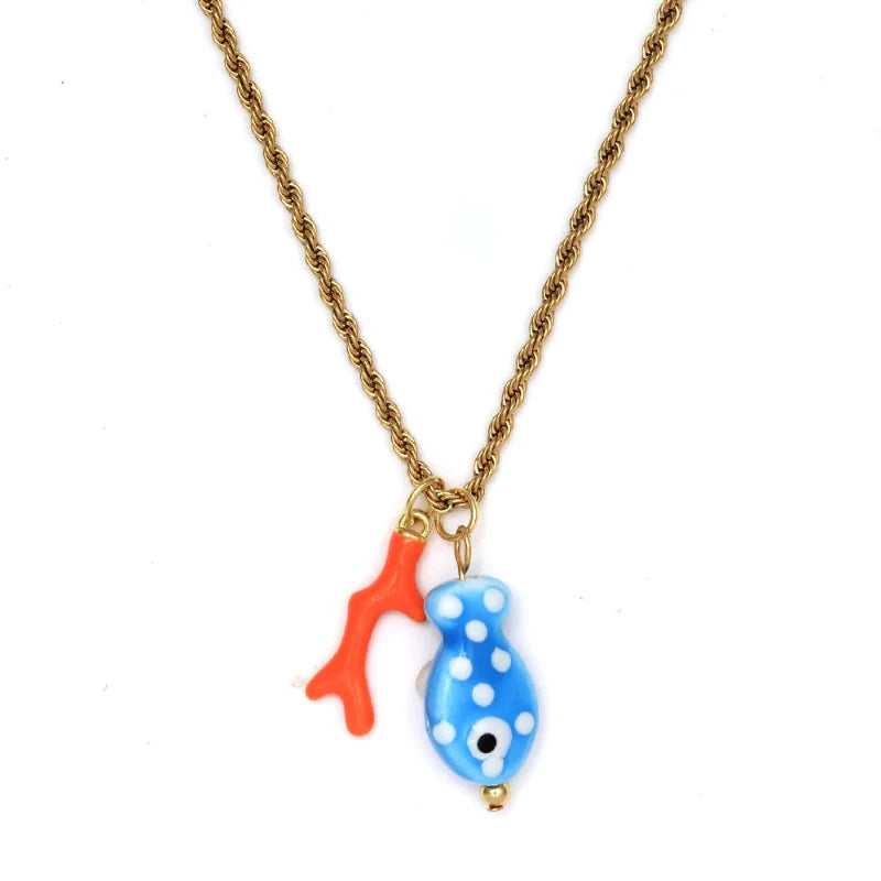サンゴと魚のペンダント付きネックレス