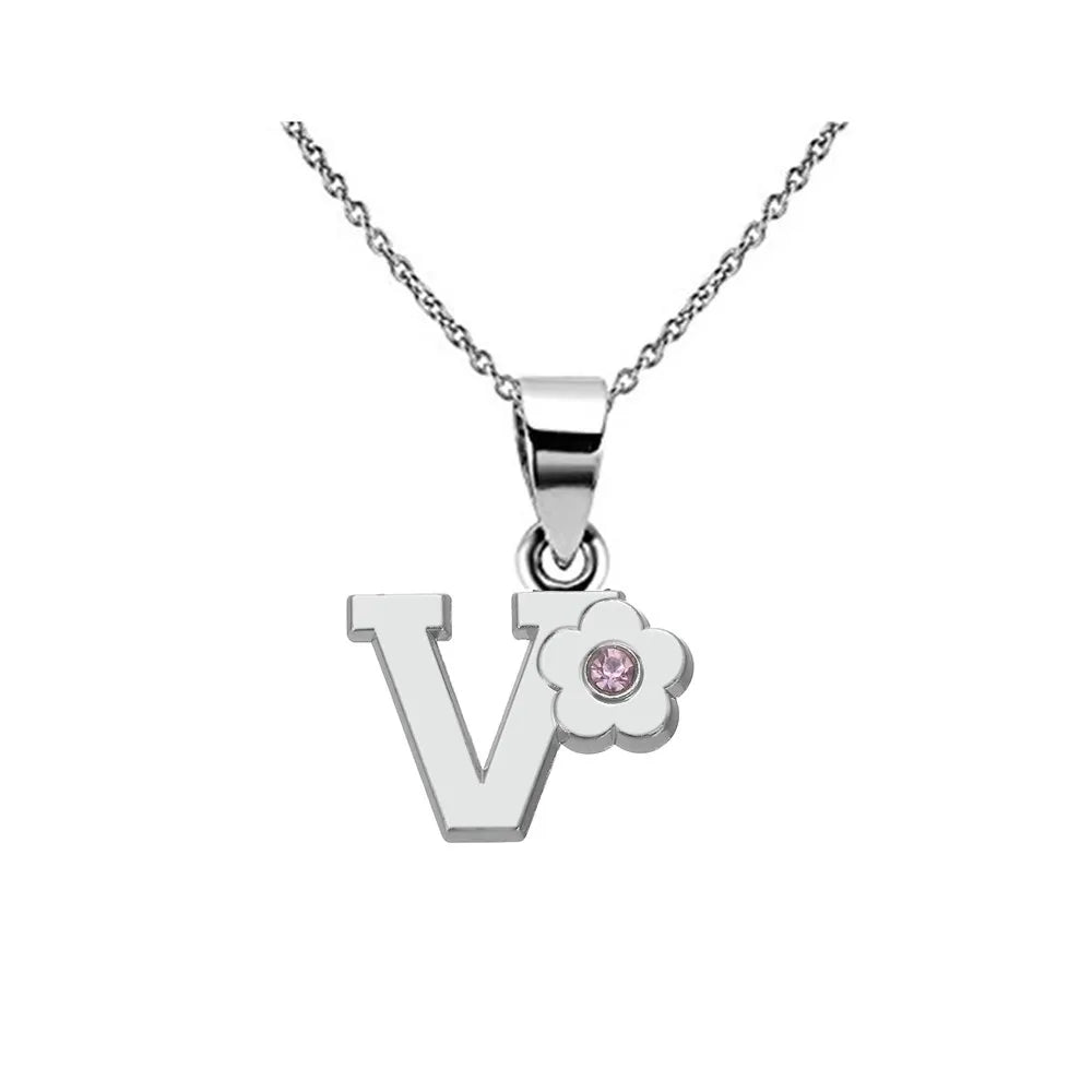 イニシャルとフラワーのペンダント付きネックレス v