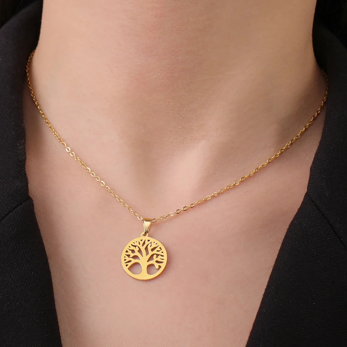 Collier avec Pendentif Rond Arbre de Vie Homme ou Femme or