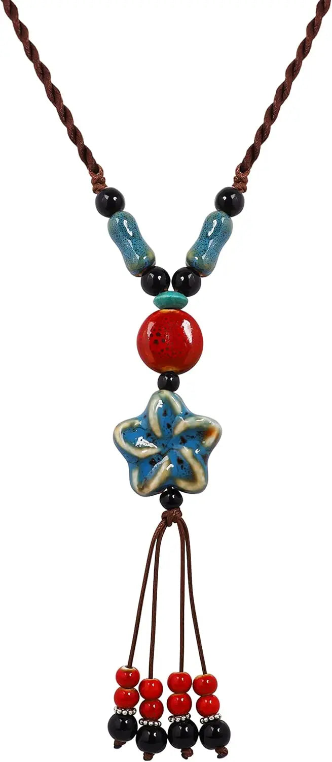 Collier en Perles avec Pendentif Fleur bleu