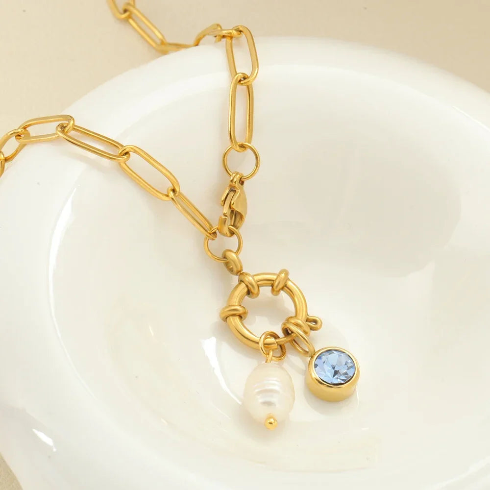 パールと4月の誕生石チャーム付きチェーンネックレス