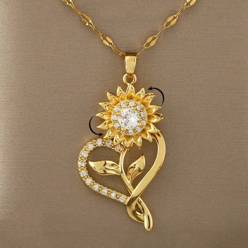 ハートと回転するひまわりの花のアンチストレス ペンダントネックレス