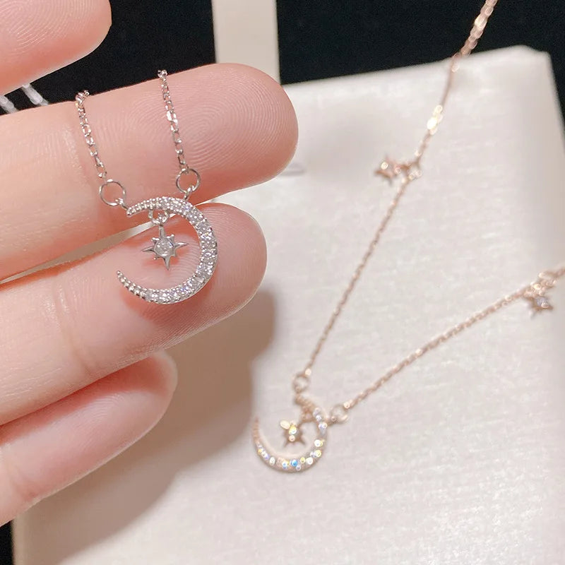 Collier Pendentif Lune et Etoile en Zircon Femme