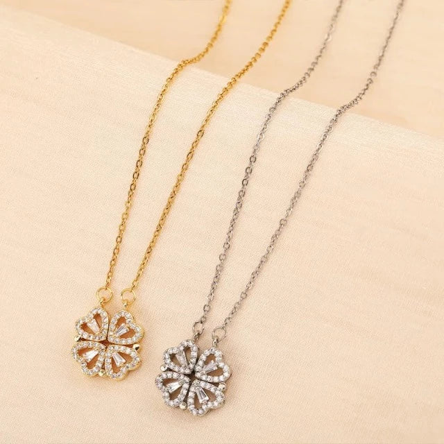 ギフトボックス付き クローバー＆ハート ペンダントネックレス