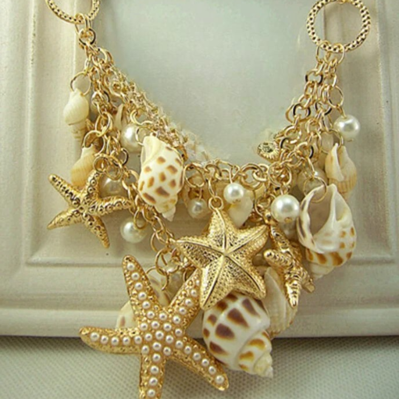 シェル、ヒトデ、カウリーシェル、パールのペンダント付きネックレス