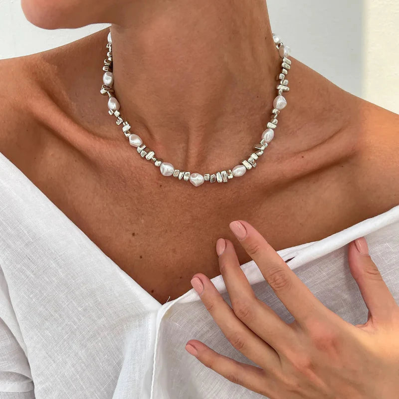 Collier Ras de Cou avec Pendentifs Perles pour Femme argent
